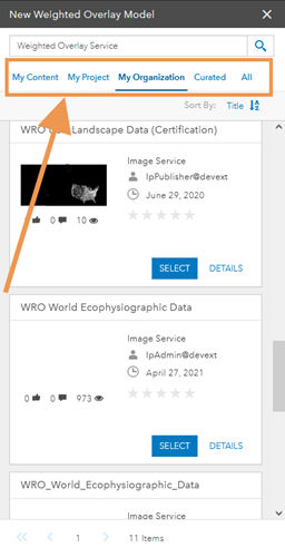 New Weighted Overlay Model pane with tab categories called out New Weighted Overlay Model pane with tab categories called out